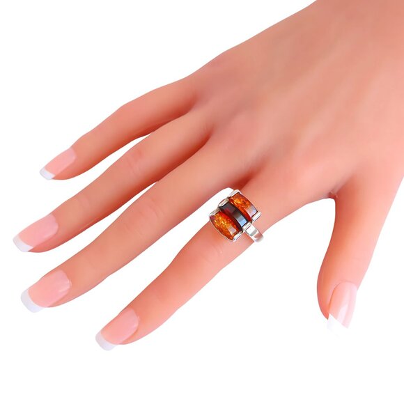 Amber Ring 925 Sterling Silver Cherry Cognac Stacked Style - Picture 5 of 6